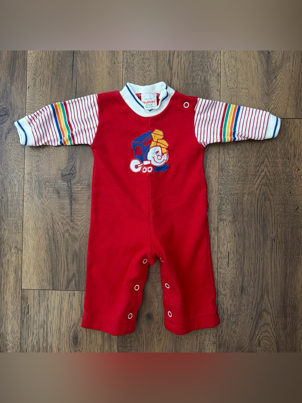 Vintage Health-tex red Baby One-Piece with Striped Sleeves and embroidered train